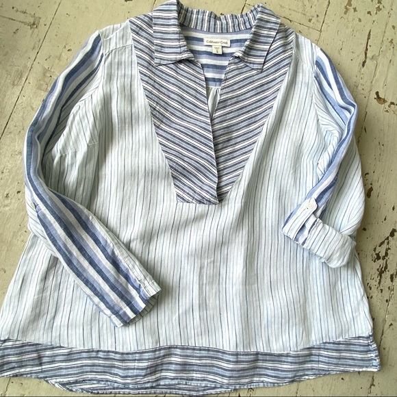 Coldwater Creek Linen Stripe Popover Blouse Roll Tab Sleeves - Picture 10 of 11